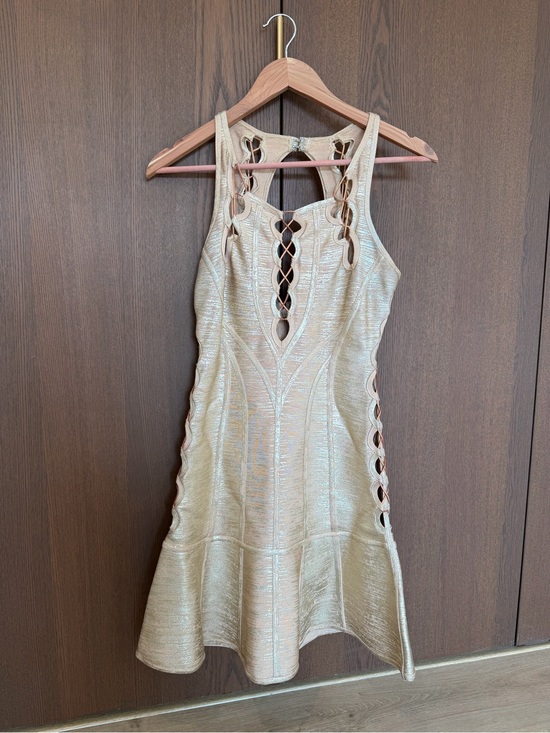 Herve Leger Dresses & Skirts - Herve Leger Metallic Gold Lace-Up Mini Dress